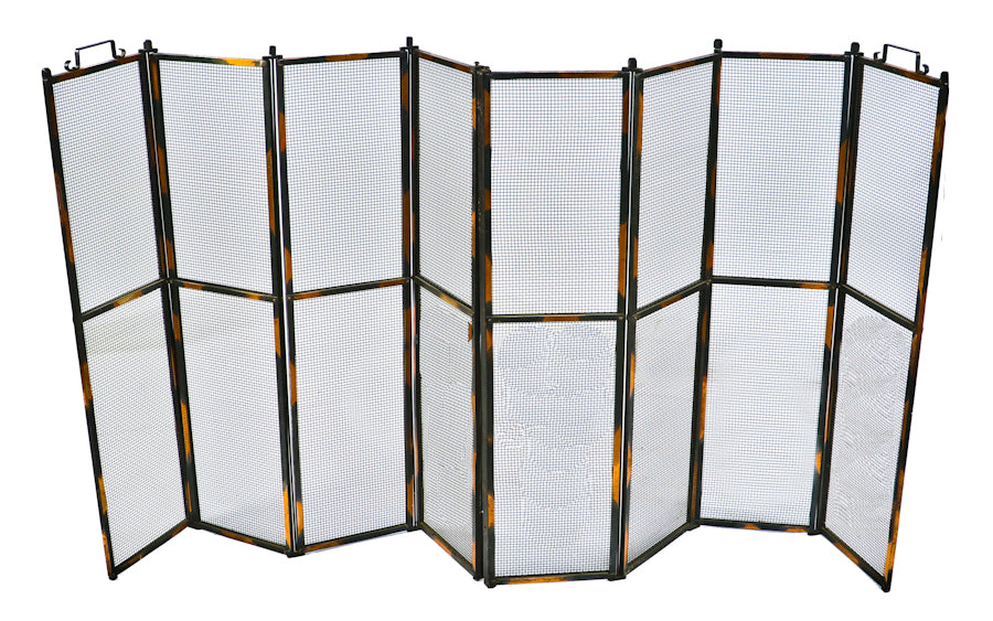 hard to find late 19th century oversized original antique american oxidized copper-plated collapsible and interlocking wrought steel fireplace screen