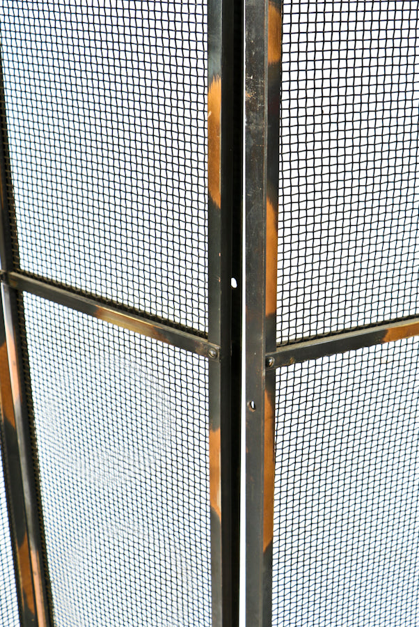 hard to find late 19th century oversized original antique american oxidized copper-plated collapsible and interlocking wrought steel fireplace screen