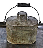 early 1920's antique american industrial factory lunchroom compact galvanized tin lunchbox or "dinner pail" with detachable coffee cup and drop handle