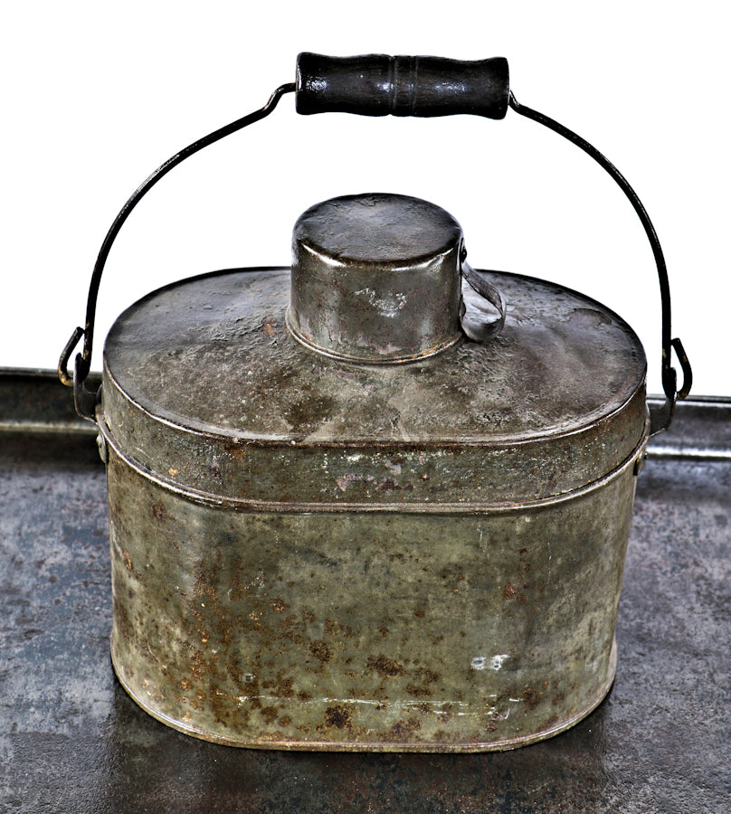 early 1920's antique american industrial factory lunchroom compact galvanized tin lunchbox or "dinner pail" with detachable coffee cup and drop handle