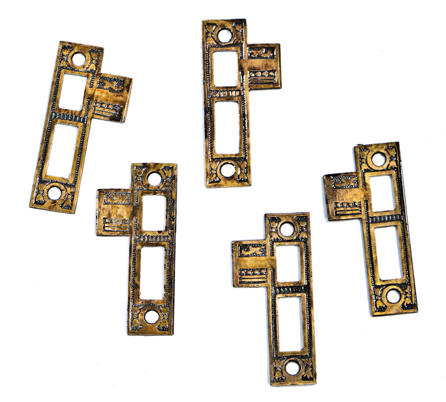 original late 19th century matching double-sided or reversible ornamental cast brass antique american "ceylon" pattern interior residential passage door jamb strike plates