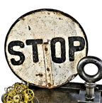 original c. 1918-22 crudely painted antique american industrial double-sided city street flagger "stop" sign with original partially intact black enameled wood staff