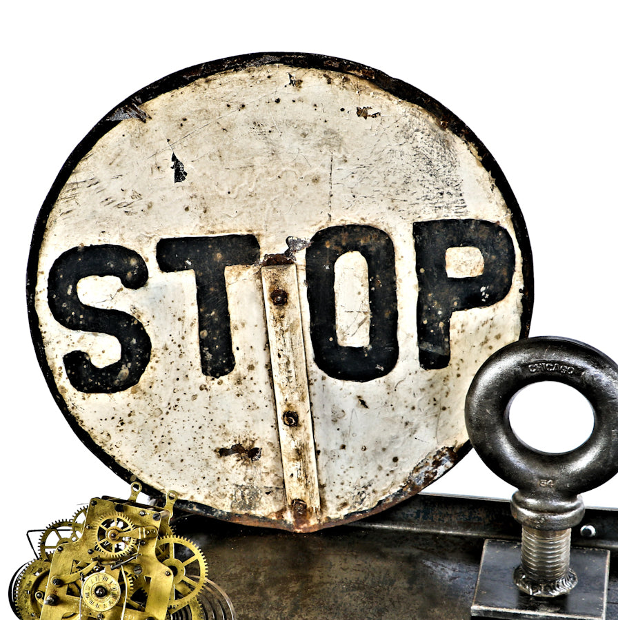 original c. 1918-22 crudely painted antique american industrial double-sided city street flagger "stop" sign with original partially intact black enameled wood staff
