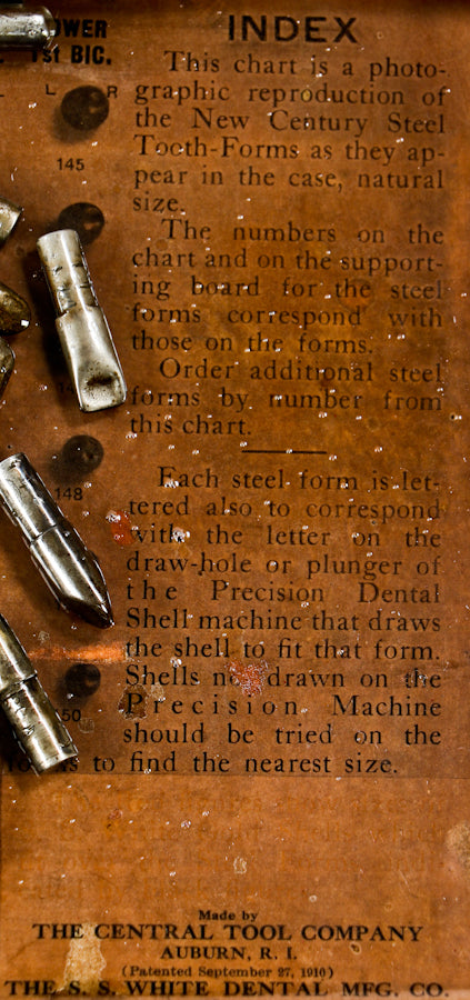 group of early 20th century diminutive antique american medical machined solid steel "s.s. white" human molar tooth forms with integrated shanks