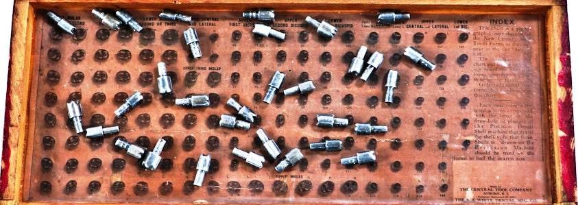 group of early 20th century diminutive antique american medical machined solid steel "s.s. white" human molar tooth forms with integrated shanks