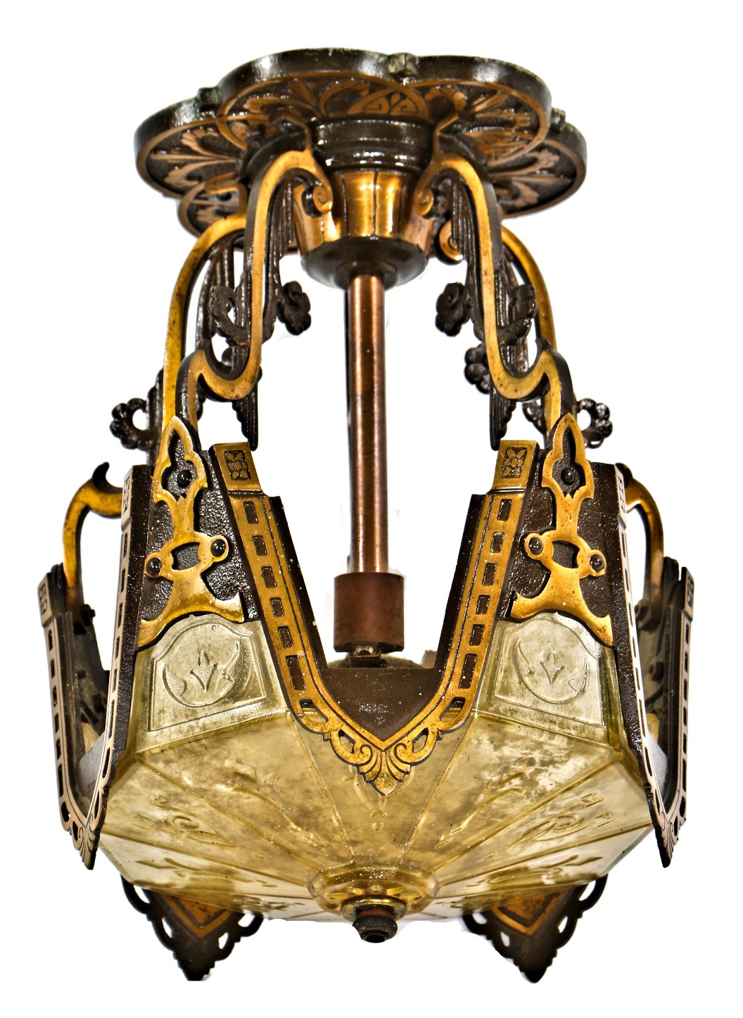 original and well-maintained flush mount american depression era slip shade interior residential oversized ceiling fixture with two tone brass-plated finish
