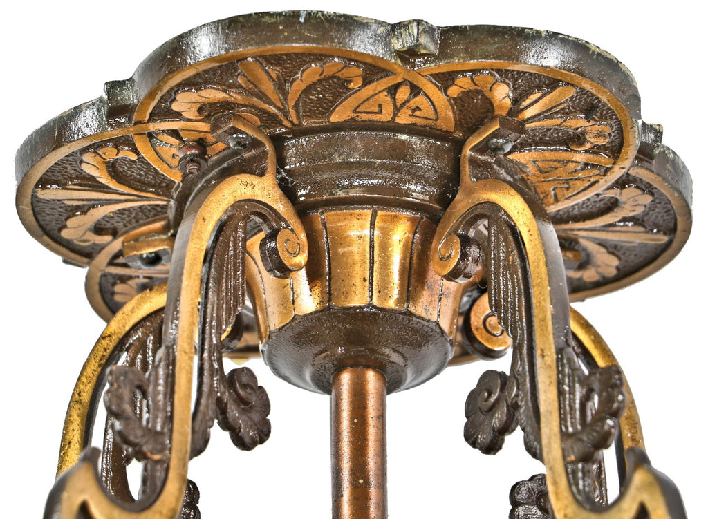original and well-maintained flush mount american depression era slip shade interior residential oversized ceiling fixture with two tone brass-plated finish