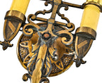 matching pair of original well-maintained spanish revival style ornamental cast brass interior residential double arm wall sconces