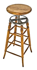 c. 1890's american antique industrial four-legged adjustable height refinished dietzgen birch wood draftsman stool with swivel seat