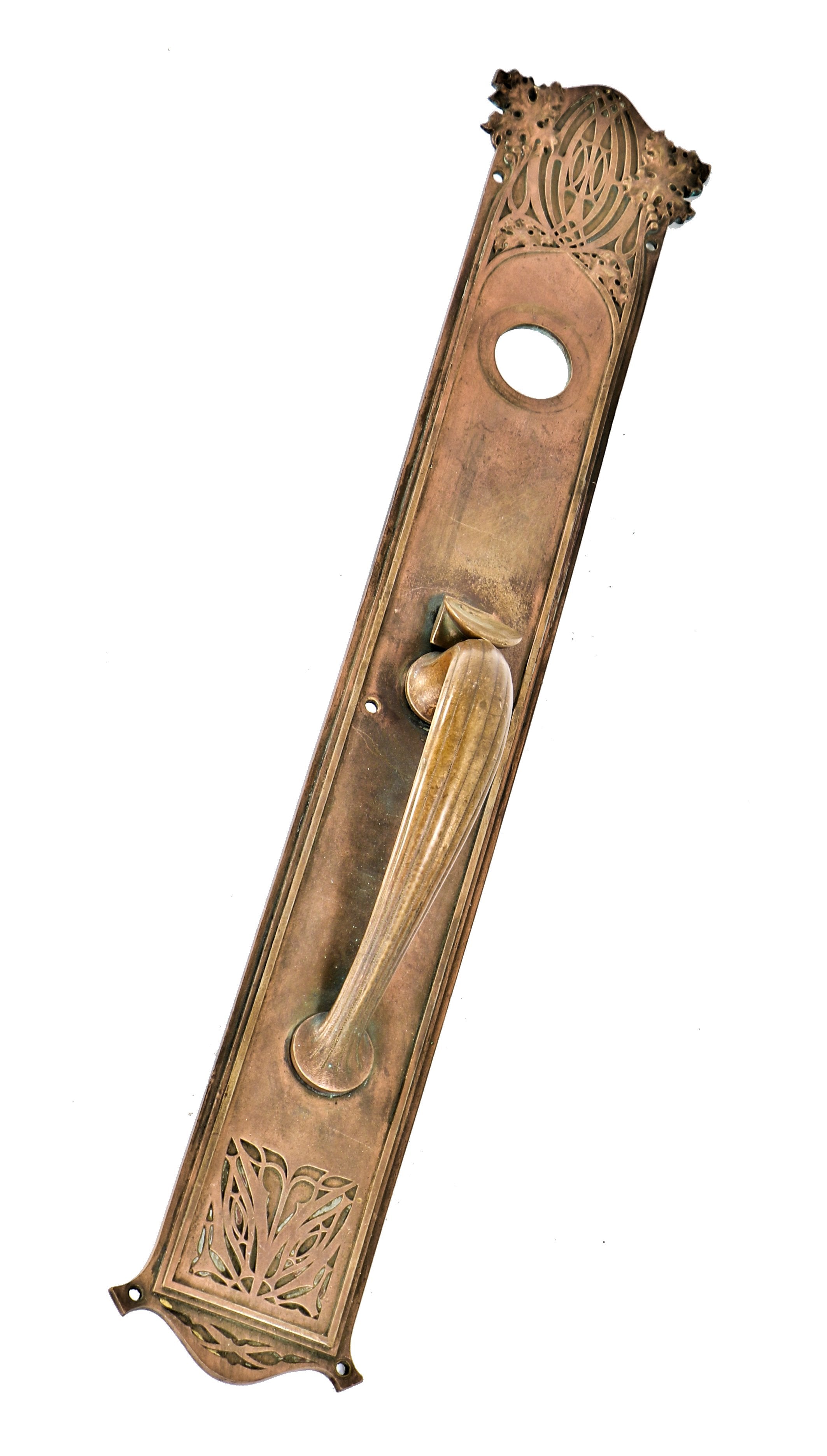 original late 19th century ornamental cast bronze union trust building style oversized entrance door thumblatch handle with cylinder lock opening