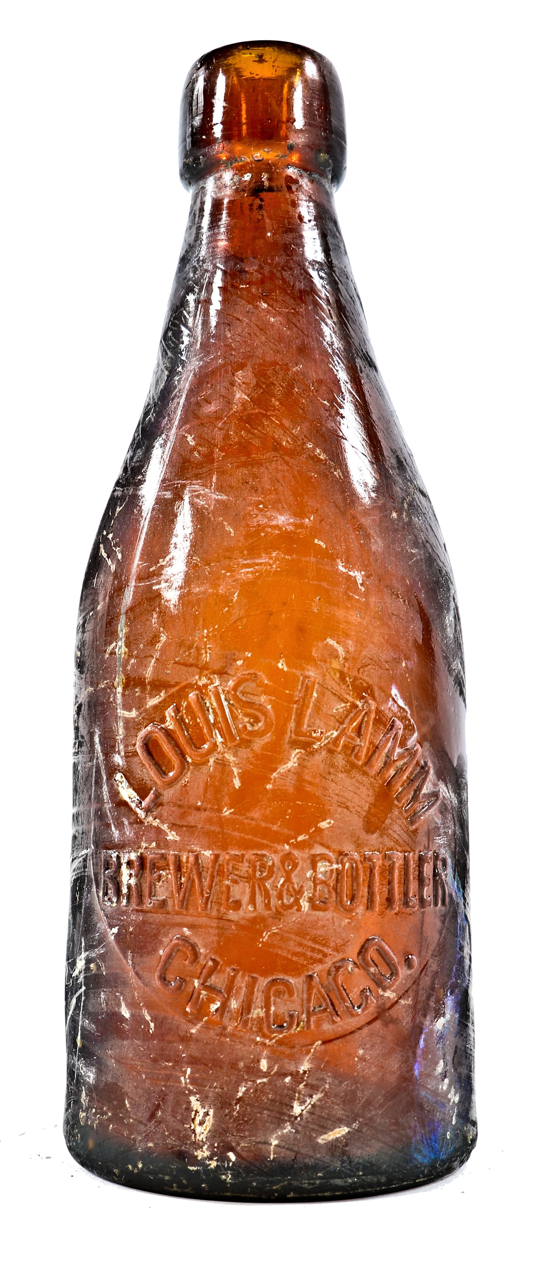 original and intact american antique turn of the century c.1897-1898 privy dug medium amber glass weiss style blobtop beer bottle manufactured for louis lamm in chicago, il.
