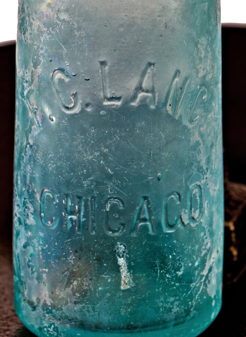original and completely intact antique 1878-1880's privy dug blue aqua glass hutchinson style soda bottle fabricated for f.c. lang in chicago, il