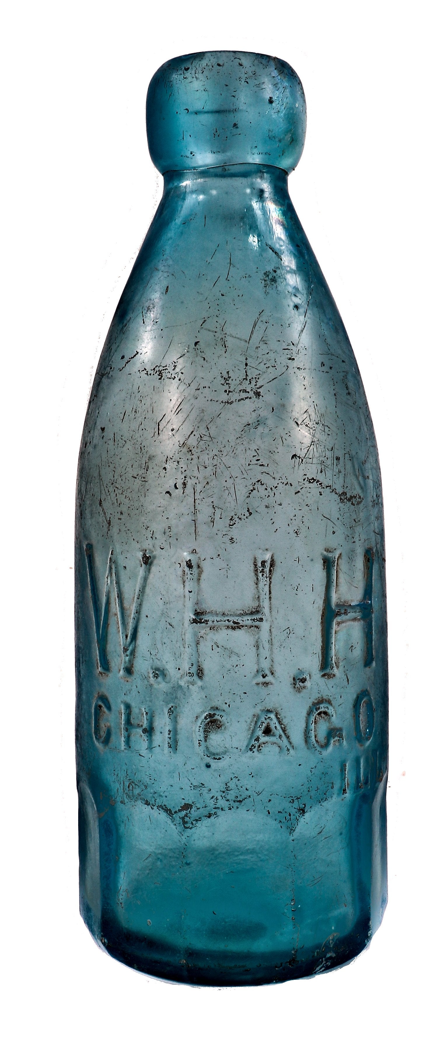 original and intact c.1860's blue blobtop gravitating soda bottle with mug base manufactured for chicago bottler william henry hutchinson in pittsburgh, pa.