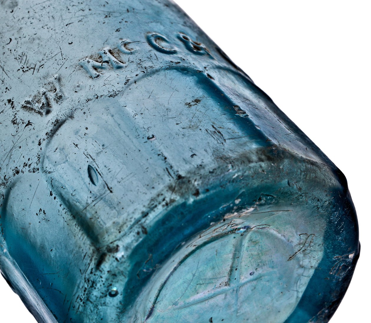 original and intact c.1860's blue blobtop gravitating soda bottle with mug base manufactured for chicago bottler william henry hutchinson in pittsburgh, pa.