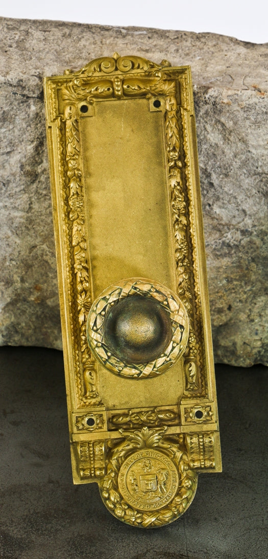 original historically important ornamental cast brass chicago city hall neoclassical style emblematic escutcheon with matching doorknob