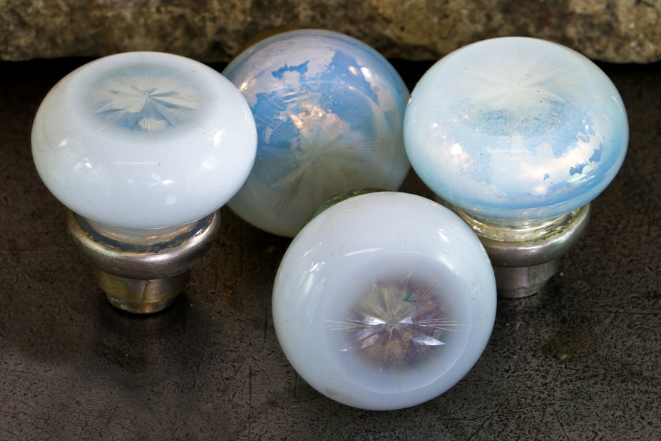 four matching all original and intact hard to find blue opalescent antique american lakeshore drive apartment building passage door glass handles