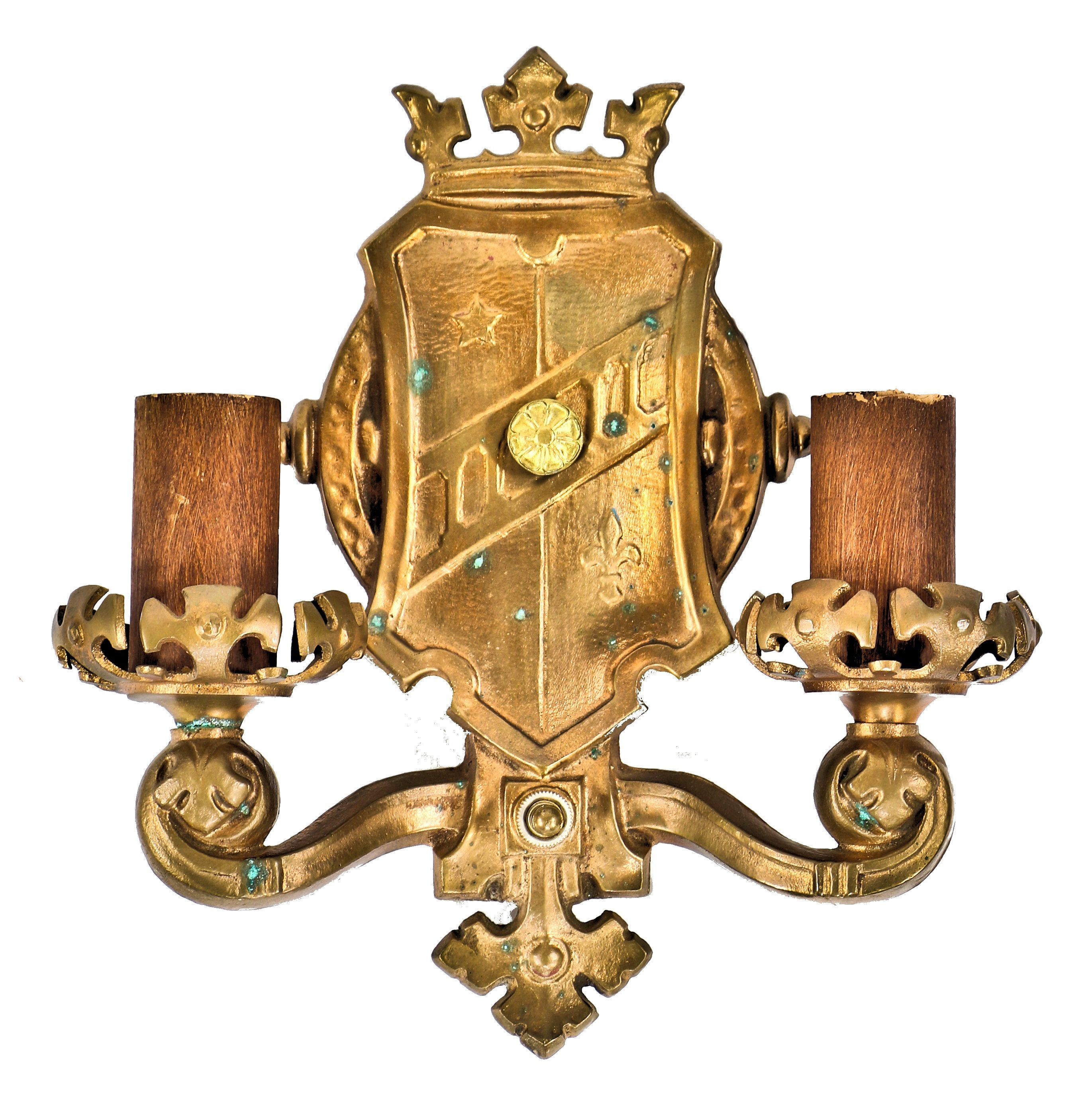 single original and fully functional spanish revival style cast brass c. 1920's antique american residential double arm wall sconce with "electric candles"