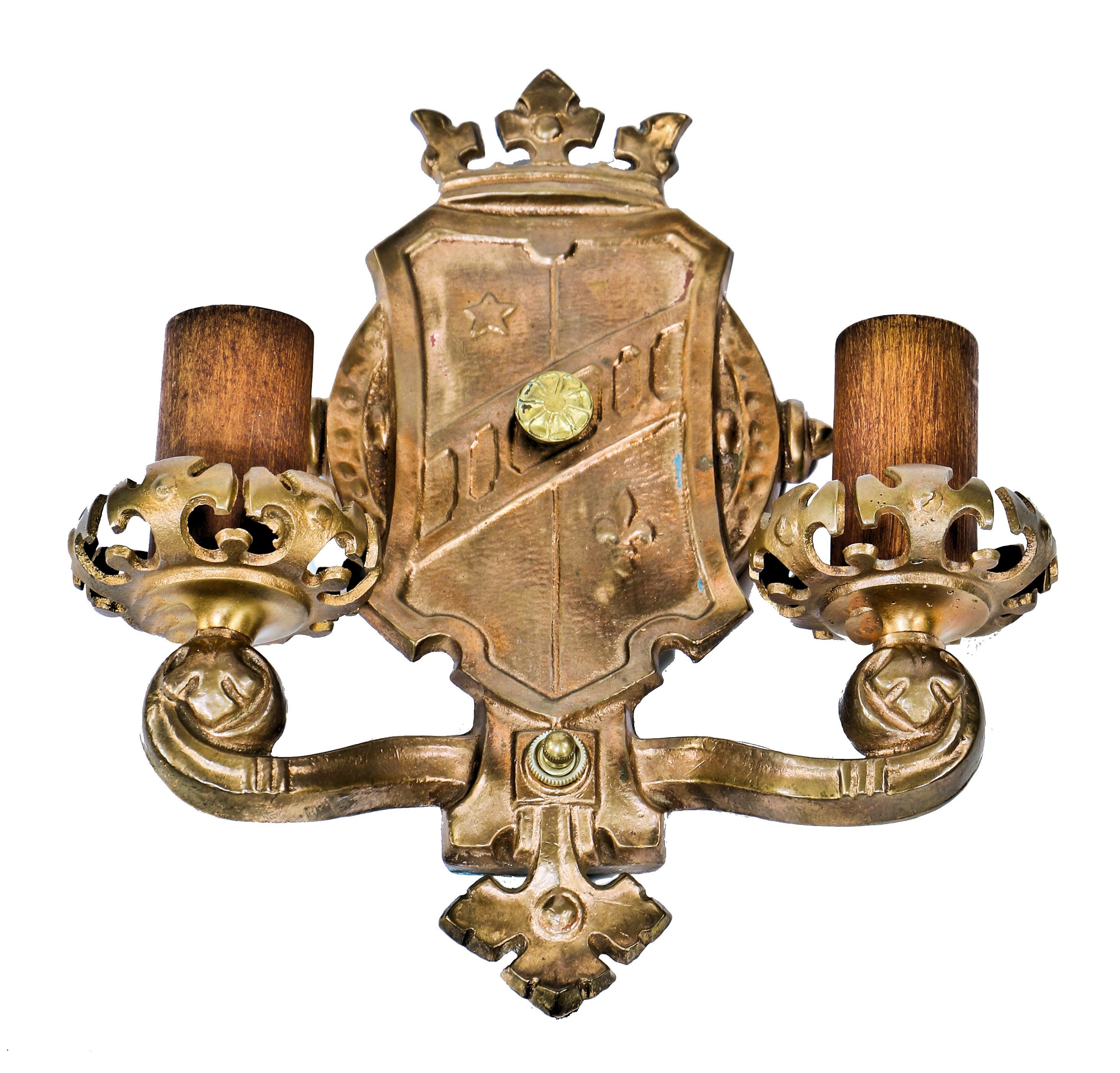 one of two matching all original and intact ornamental cast brass spanish revival style double arm wall sconce with a nicely aged uniform surface patina