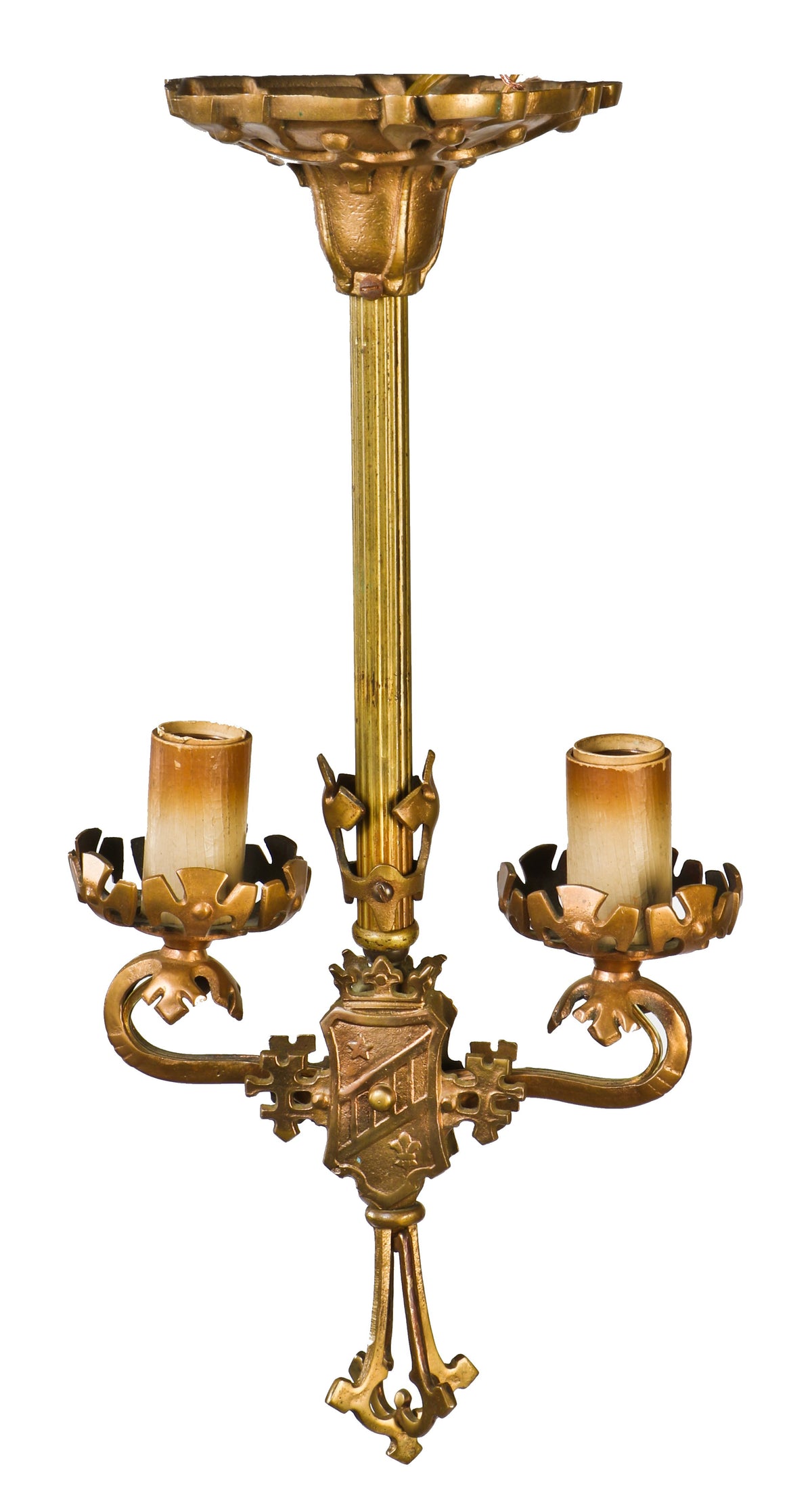 original completely refurbished c. 1920's antique american spanish revival style interior tudor style residential two-light cast brass hallway pendant light fixture