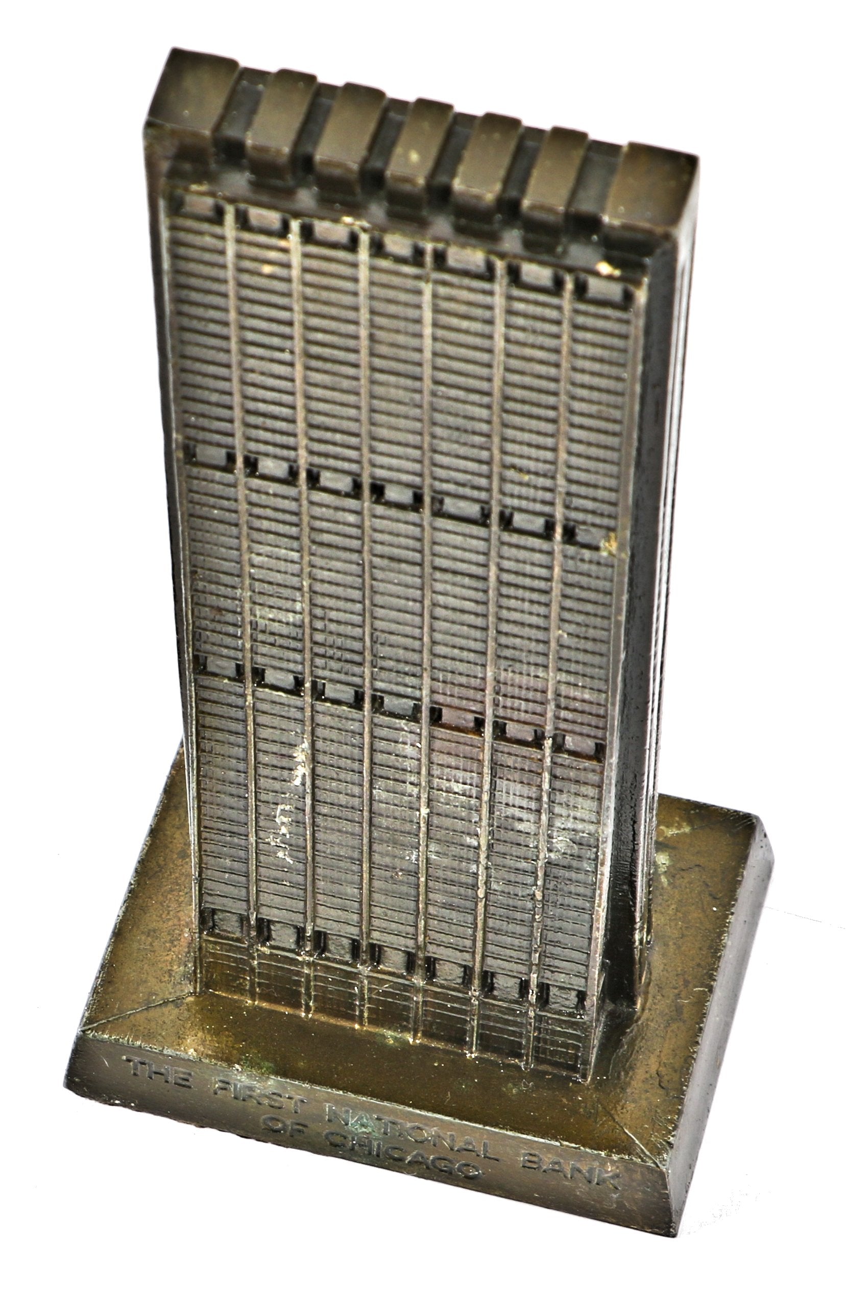 hard to find and all original dug downtown chicago collectible early 1970's cast spelter or "white metal" banthrico coin bank representing the first national bank of chicago, il.