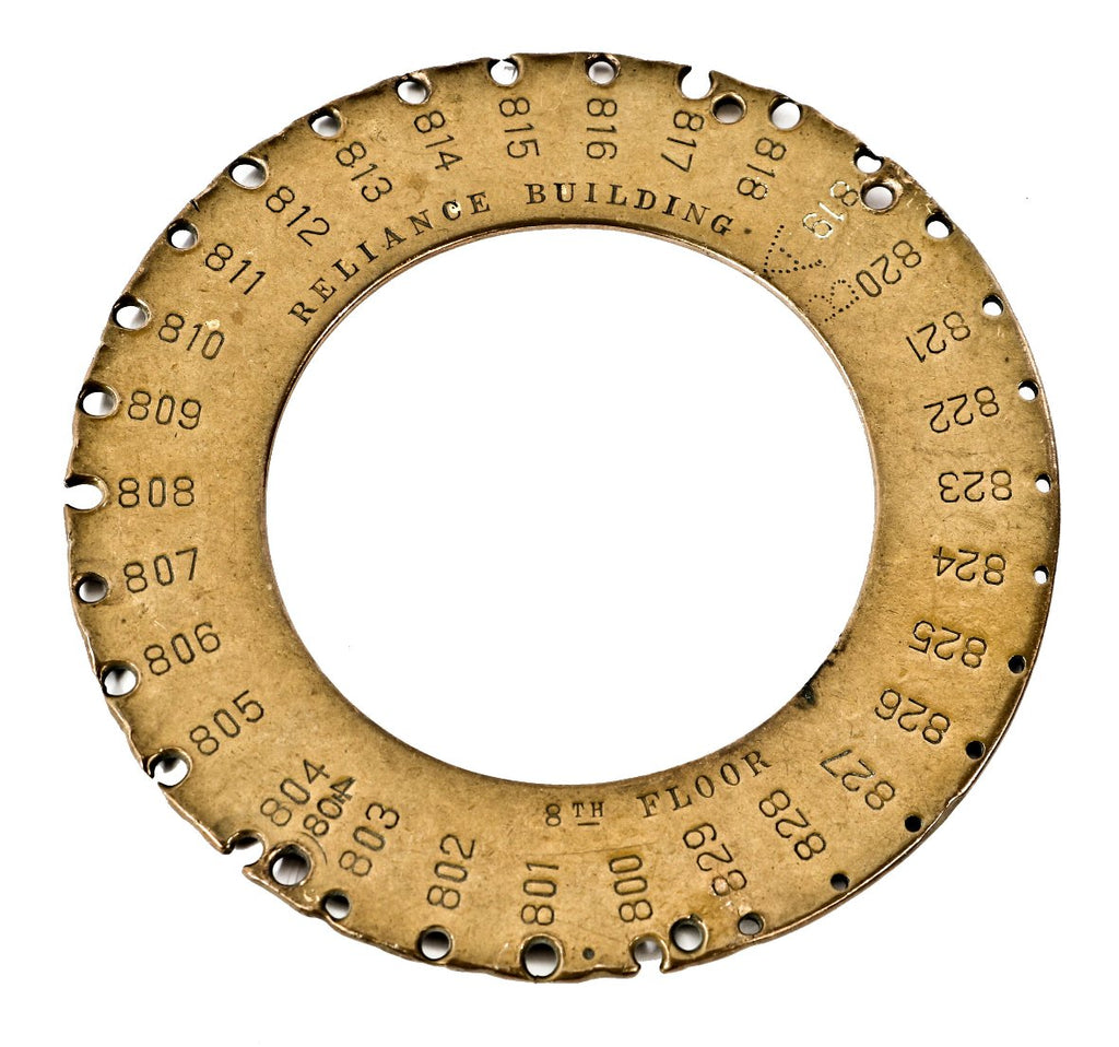 early 20th century antique american industrial stamped yellow brass "8th floor" reliance building chieg engineer master office door key ring with lightly incised markings