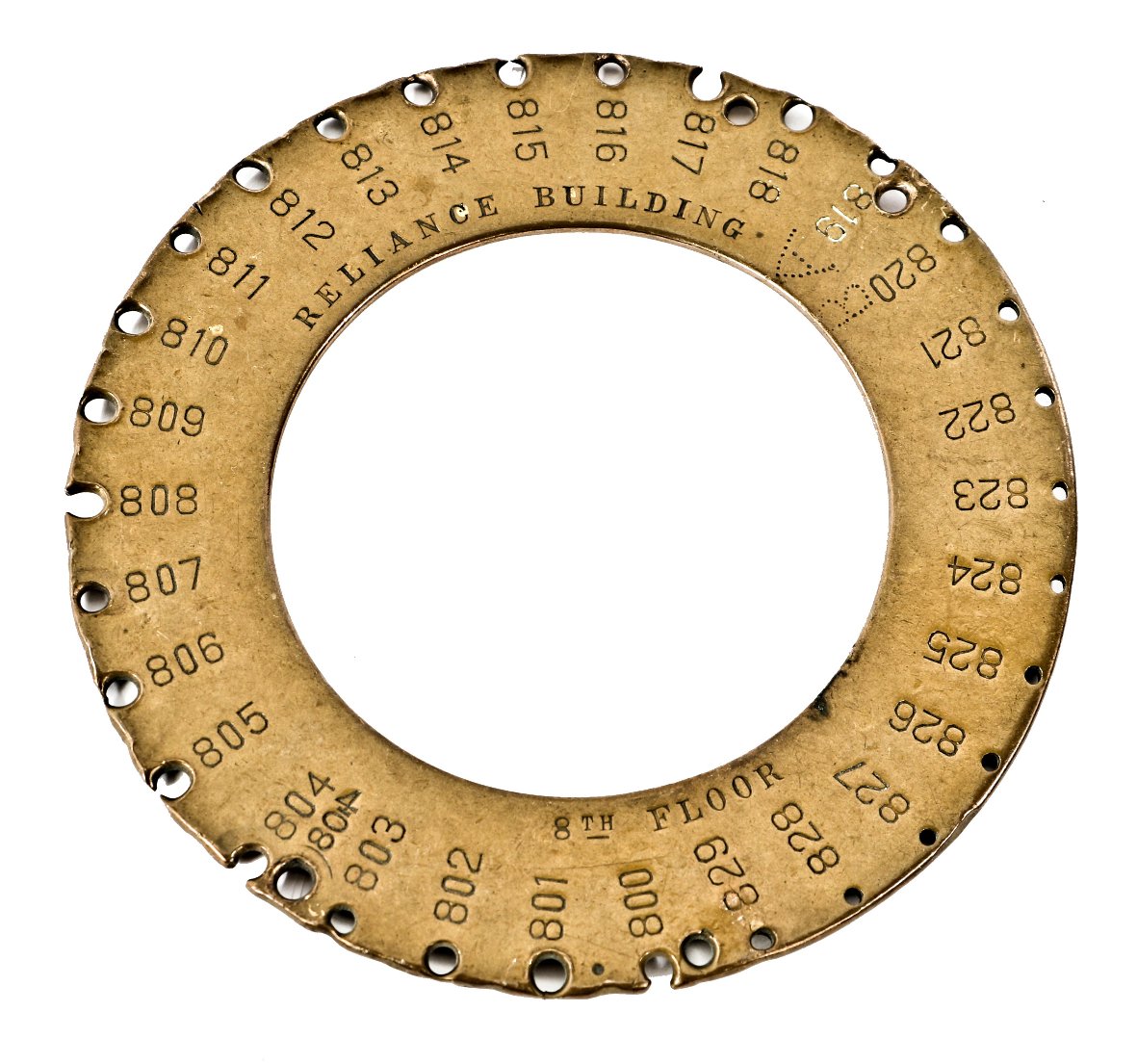 early 20th century antique american industrial stamped yellow brass "8th floor" reliance building chieg engineer master office door key ring with lightly incised markings