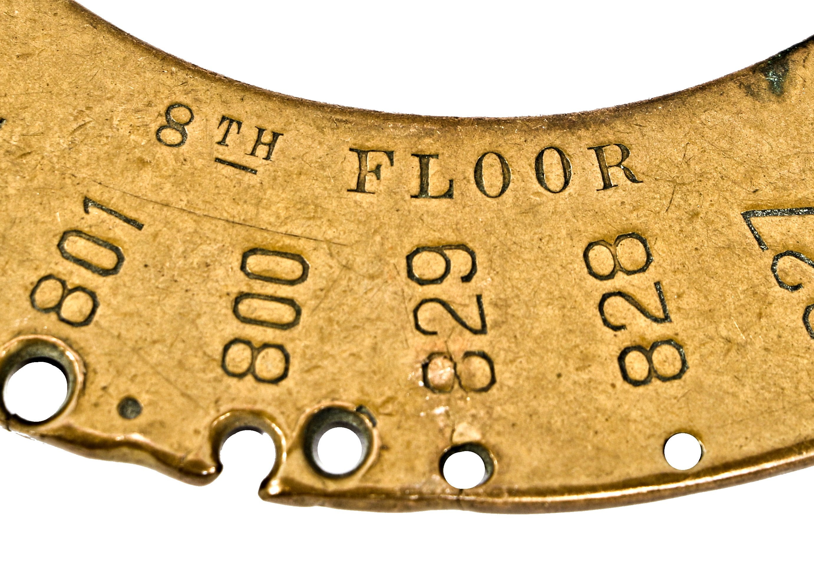 early 20th century antique american industrial stamped yellow brass "8th floor" reliance building chieg engineer master office door key ring with lightly incised markings
