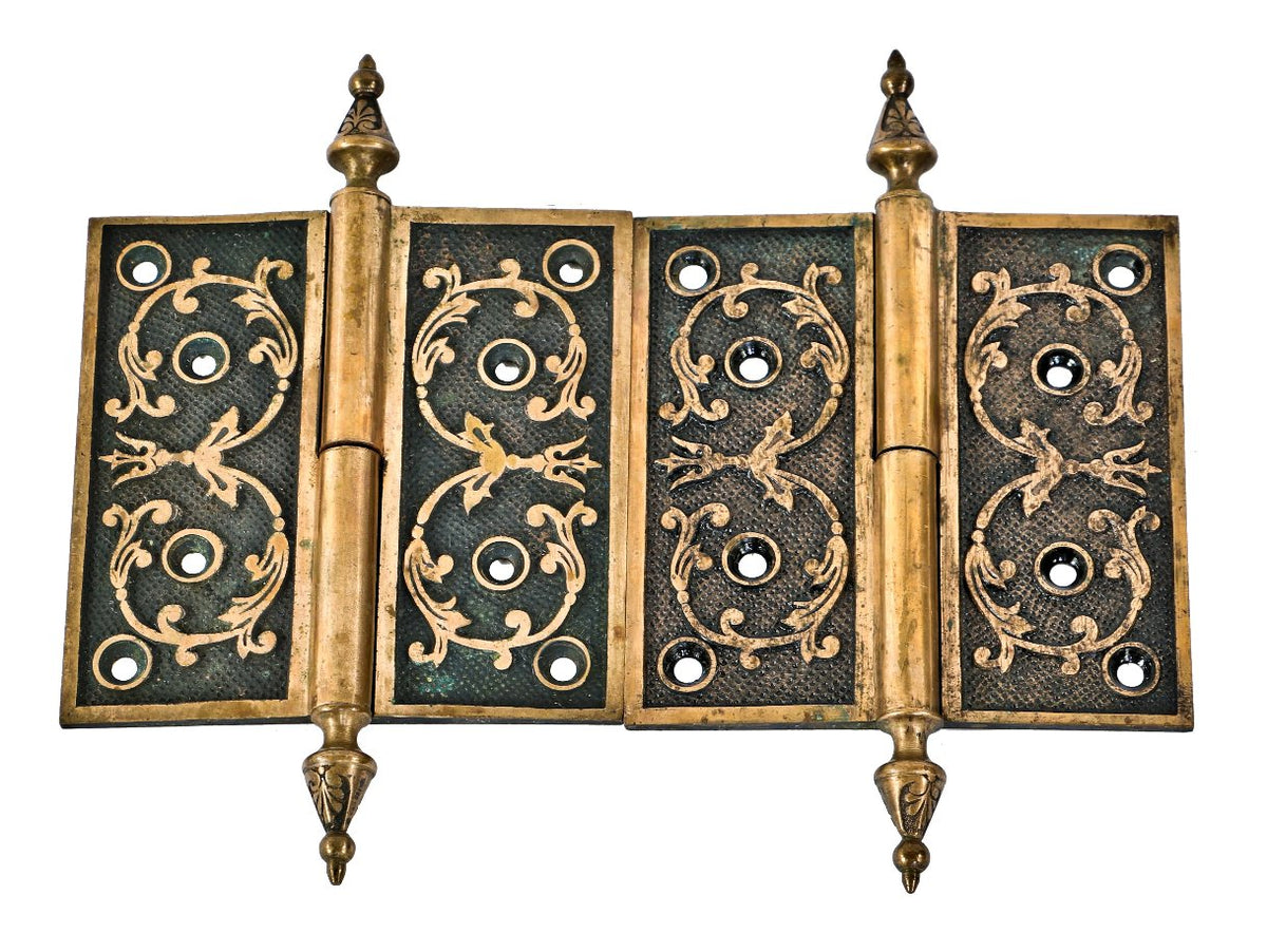 remarkably intact c. 1870's high victorian era ornamental loose pin cast bronze residential h & d door hinges with palmette motif pointed finials