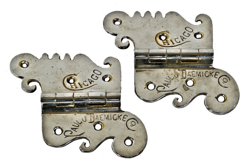 matching set of original "new old stock" 1880s antique american salvaged chicago nickel-plated bronze ice box door hinges