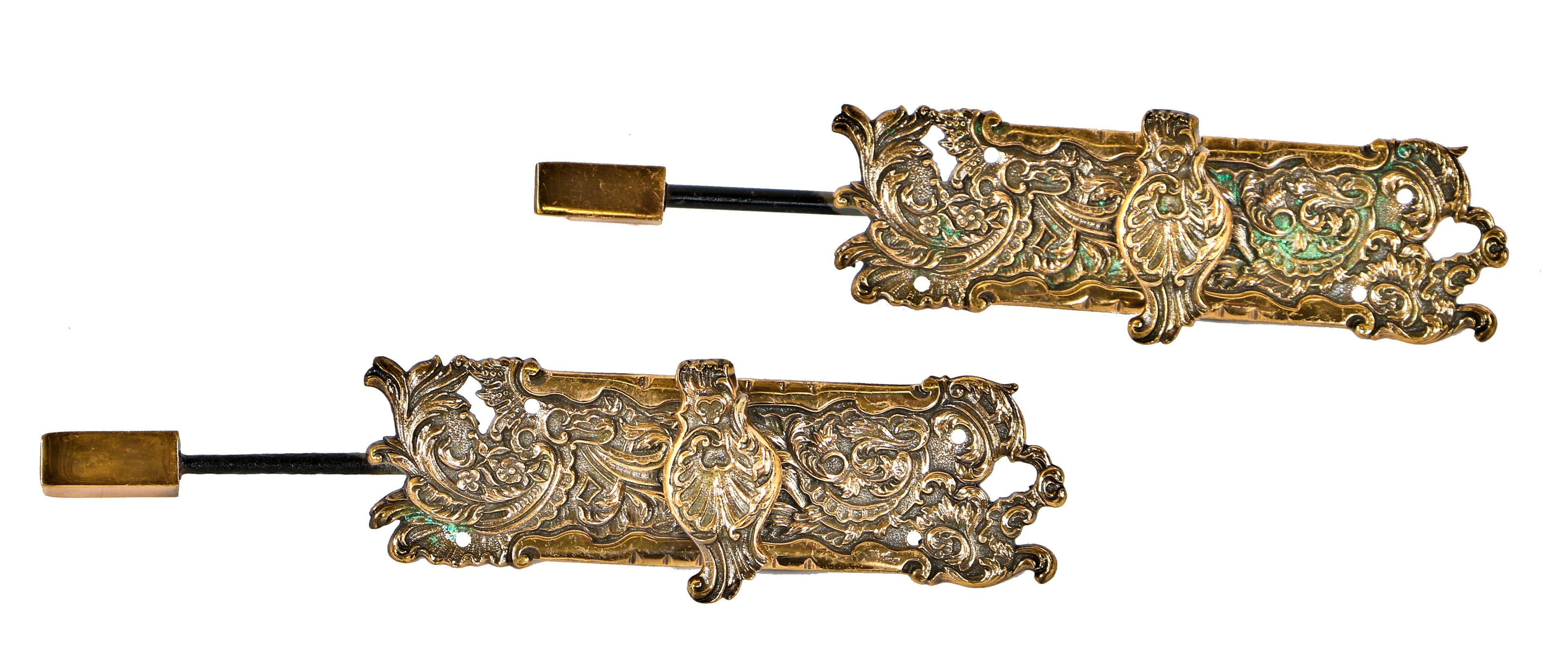 rare all original completely refinished late 19th or early 20th century antique american "belfort" pattern cast bronze flush mount entrance door bolts