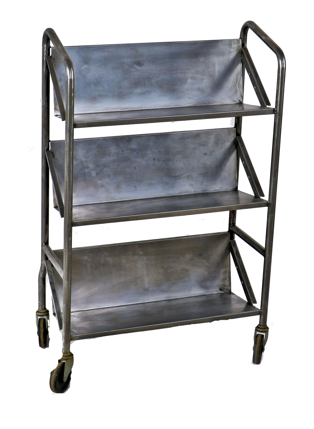 completely refinished and fully functional american industrial mobile chicago library three-tier pressed and folded steel book cart with bassick casters