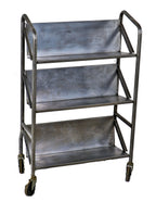 completely refinished and fully functional american industrial mobile chicago library three-tier pressed and folded steel book cart with bassick casters