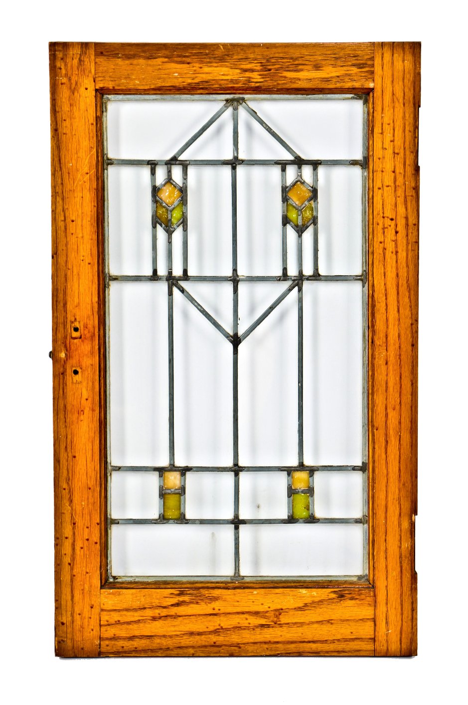 highly desirable c. 1915-20 antique american diminutive craftsman or prairie style interior residential oak wood cabinet door with leaded art glass