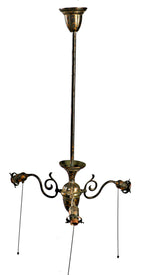 hard to find all original early 20th century oxidized copper-plated antique american interior residential three-arm brass ceiling fixture with intact pull-chain sockets