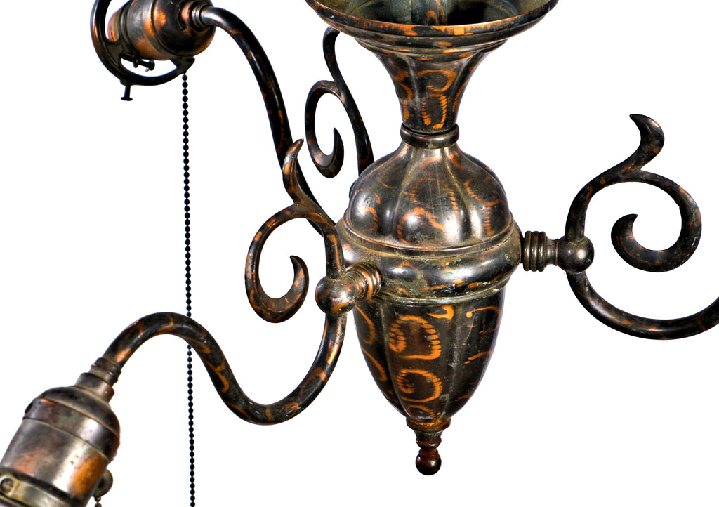 hard to find all original early 20th century oxidized copper-plated antique american interior residential three-arm brass ceiling fixture with intact pull-chain sockets