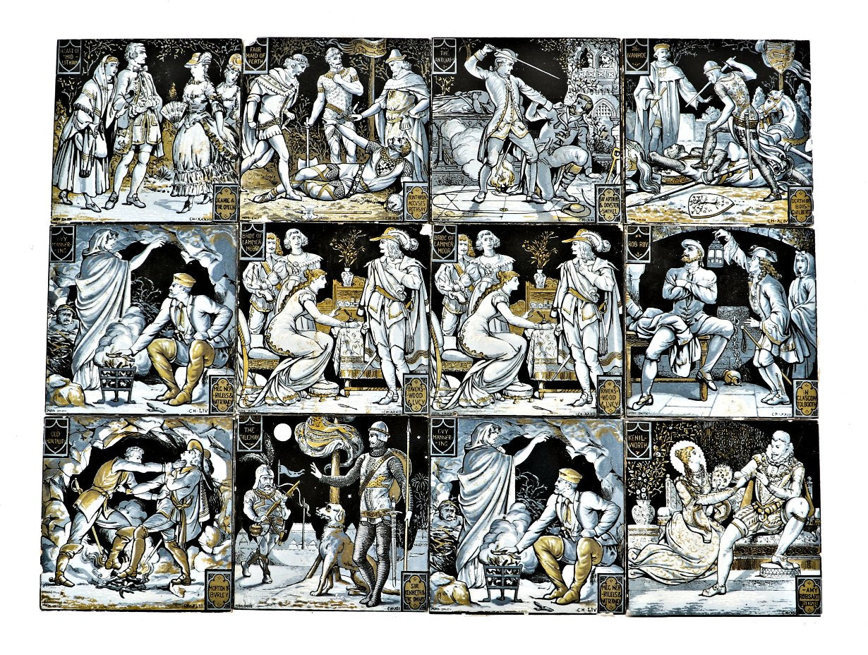 hard to find antique and all original c. 1877-1878 arts and crafts era glazed pictorial tile depicting scenes from the waverley novels by sir walter scott