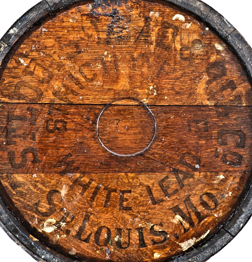 largely intact late 19th century antique american industrial oak wood "white lead" paint keg or barrel with black stenciled manufacturer markings