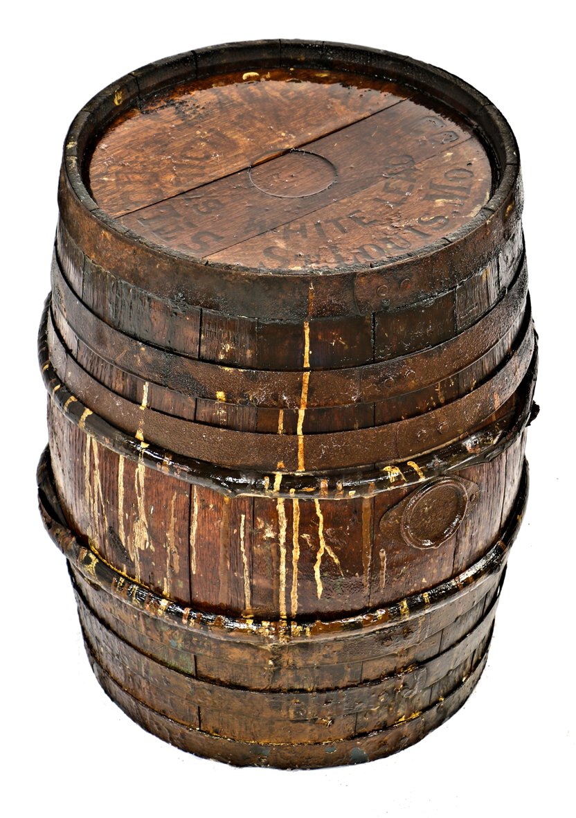 largely intact late 19th century antique american industrial oak wood "white lead" paint keg or barrel with black stenciled manufacturer markings