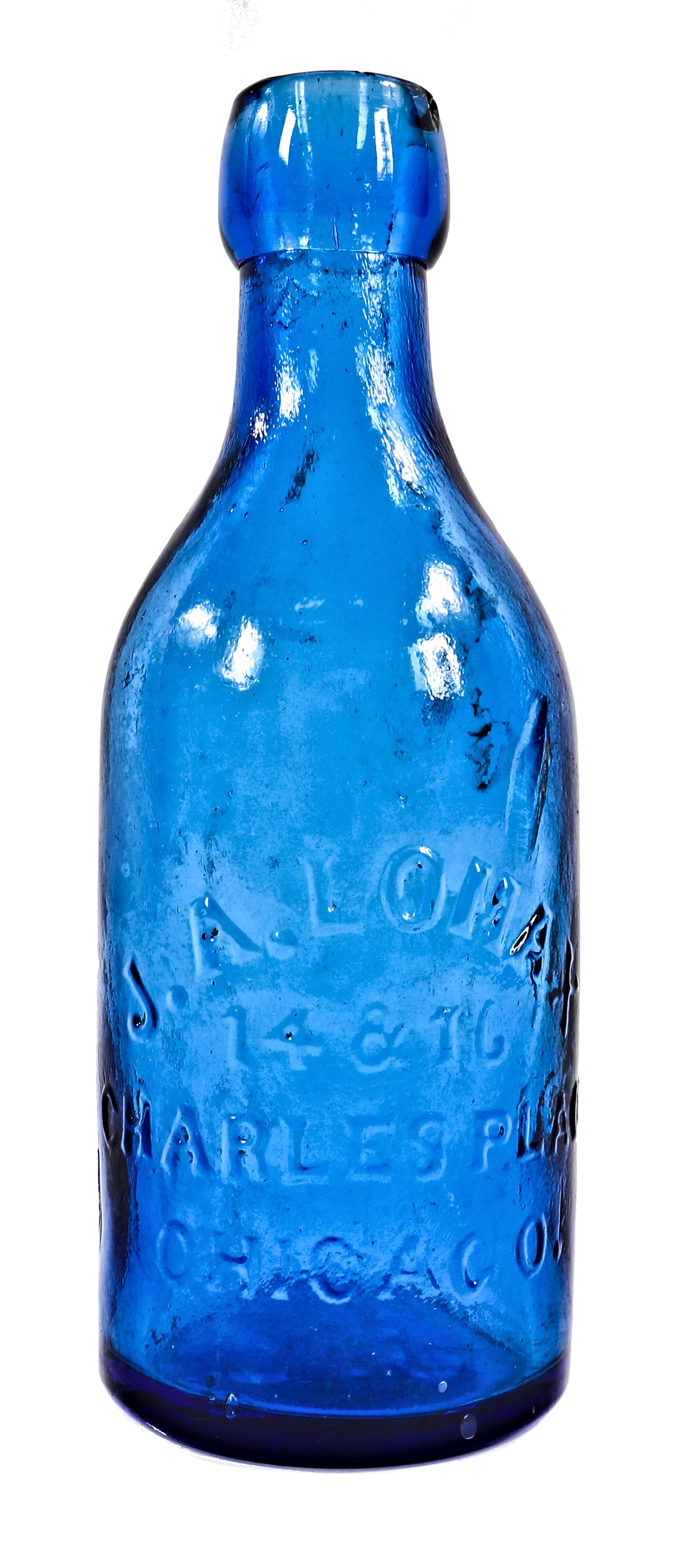 original and intact early 1870's richly colored deep cobalt blue john a. lomax applied blobtop soda or mineral water privy dug glass bottle with embossed initials along the smooth base