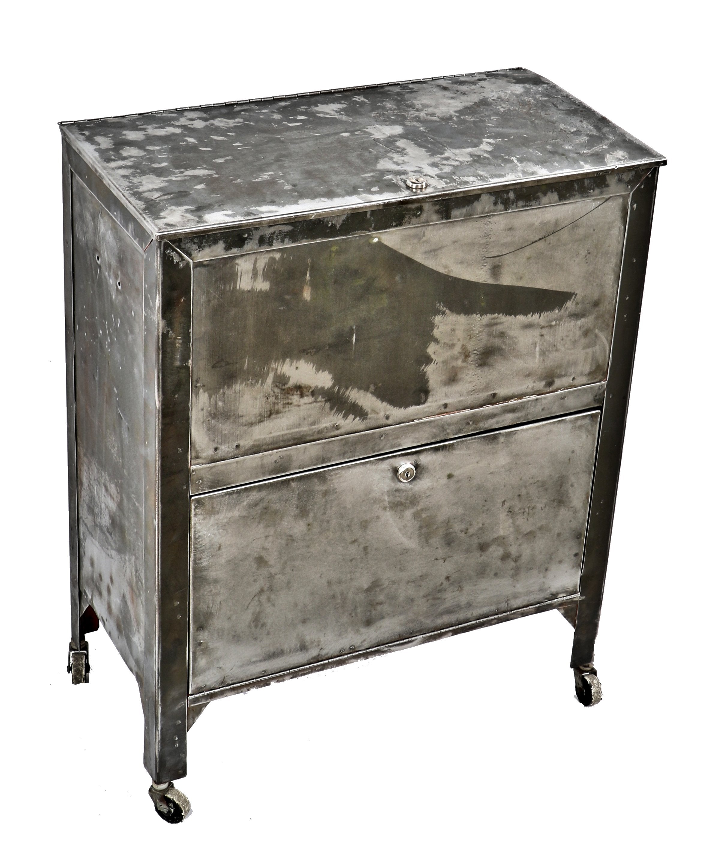vintage american industrial clean and compact brushed metal lockable double compartment mobile tool cart or chest with the original keys and spacious interiors