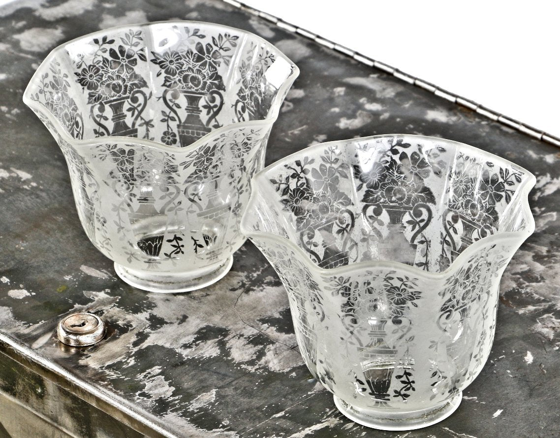 two matching early 20th century antique american late victorian era phoenix acid etched glass shades for an early residential electrolier or gasolier