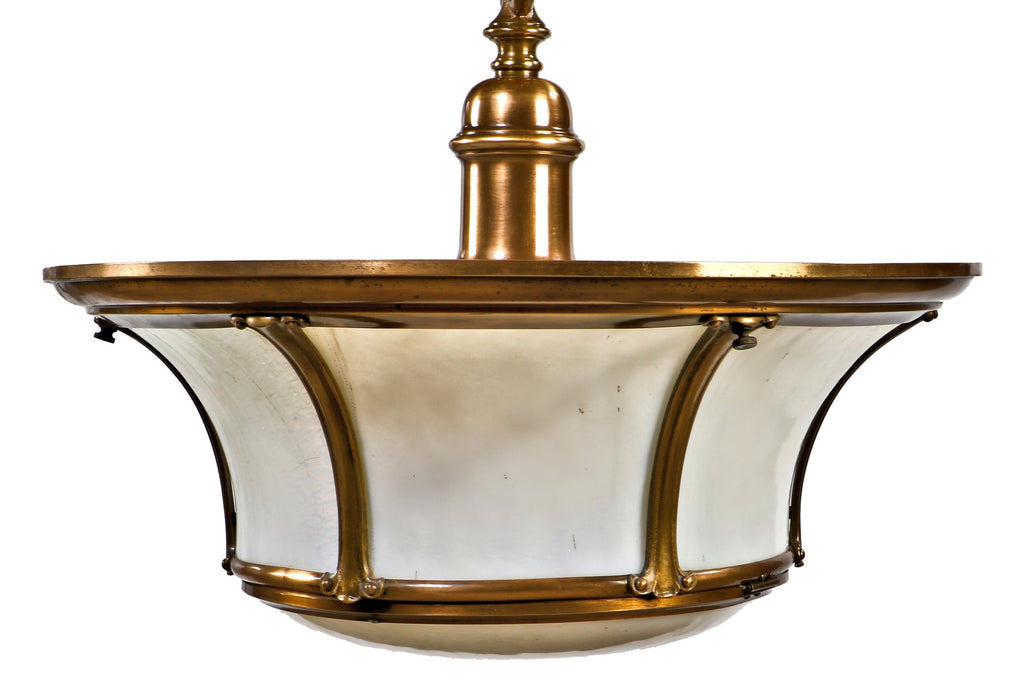 documented early 20th century museum quality original and intact sterling bronze company white opalescent bent glass pendant light salvaged from chicago's union station