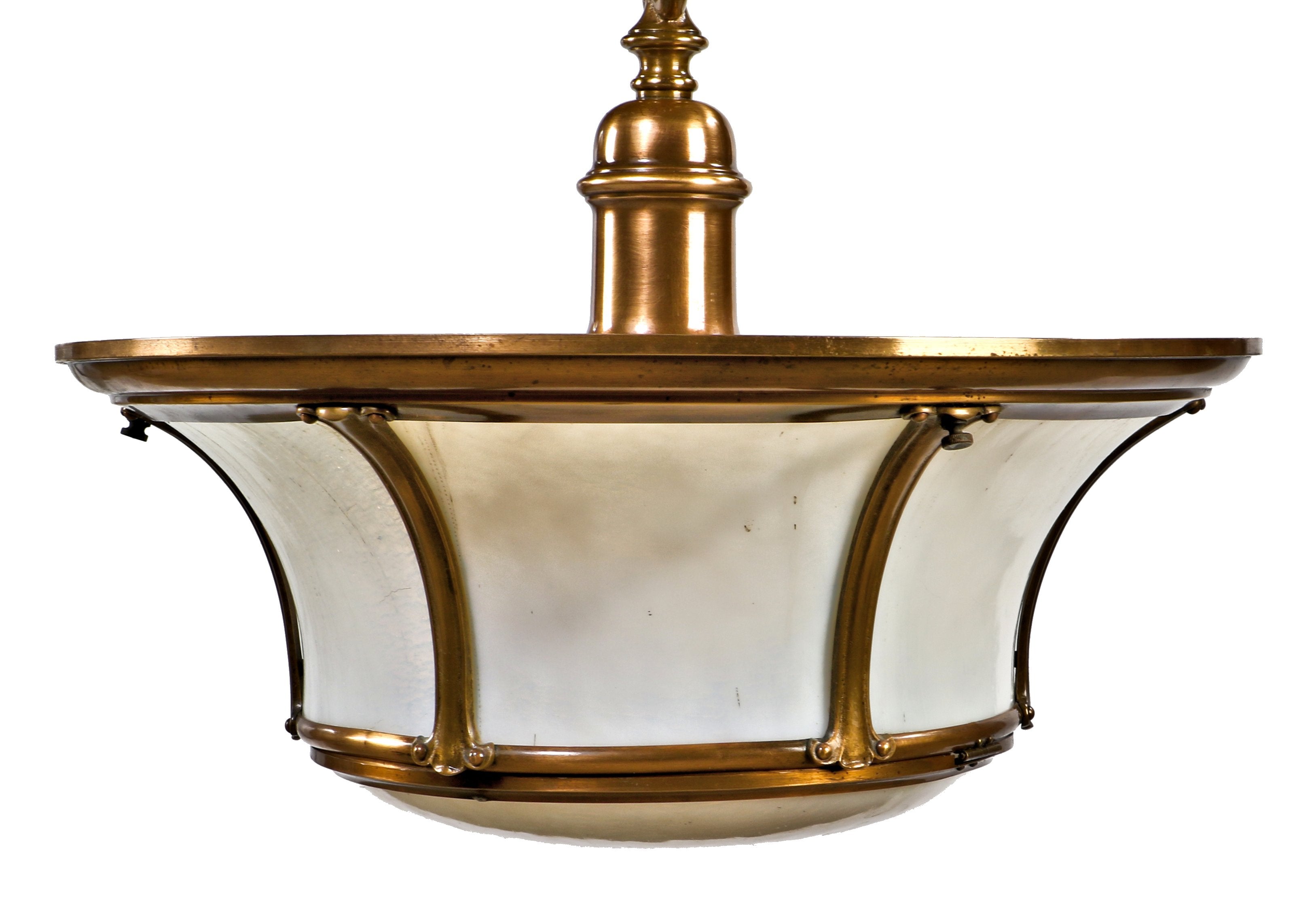 documented early 20th century museum quality original and intact sterling bronze company white opalescent bent glass pendant light salvaged from chicago's union station