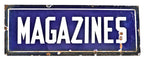 original downtown chicago c. 1920's single-sided early cobalt blue porcelain enameled newsstand "magazines" die cut steel sign with bold white lettering