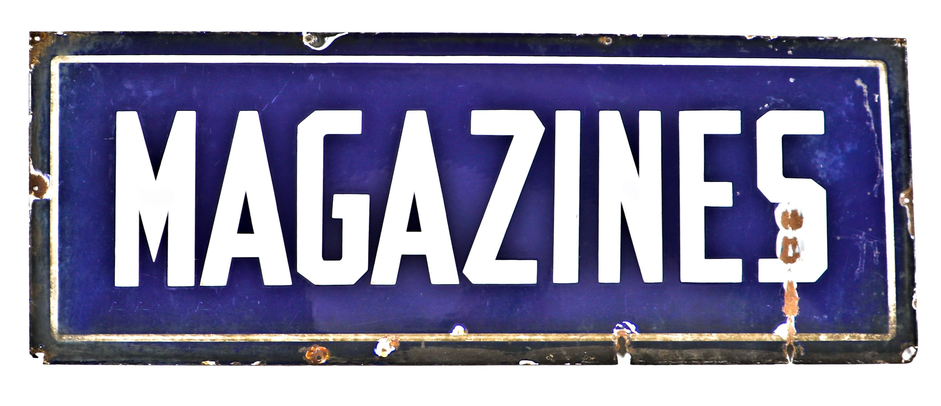 original downtown chicago c. 1920's single-sided early cobalt blue porcelain enameled newsstand "magazines" die cut steel sign with bold white lettering