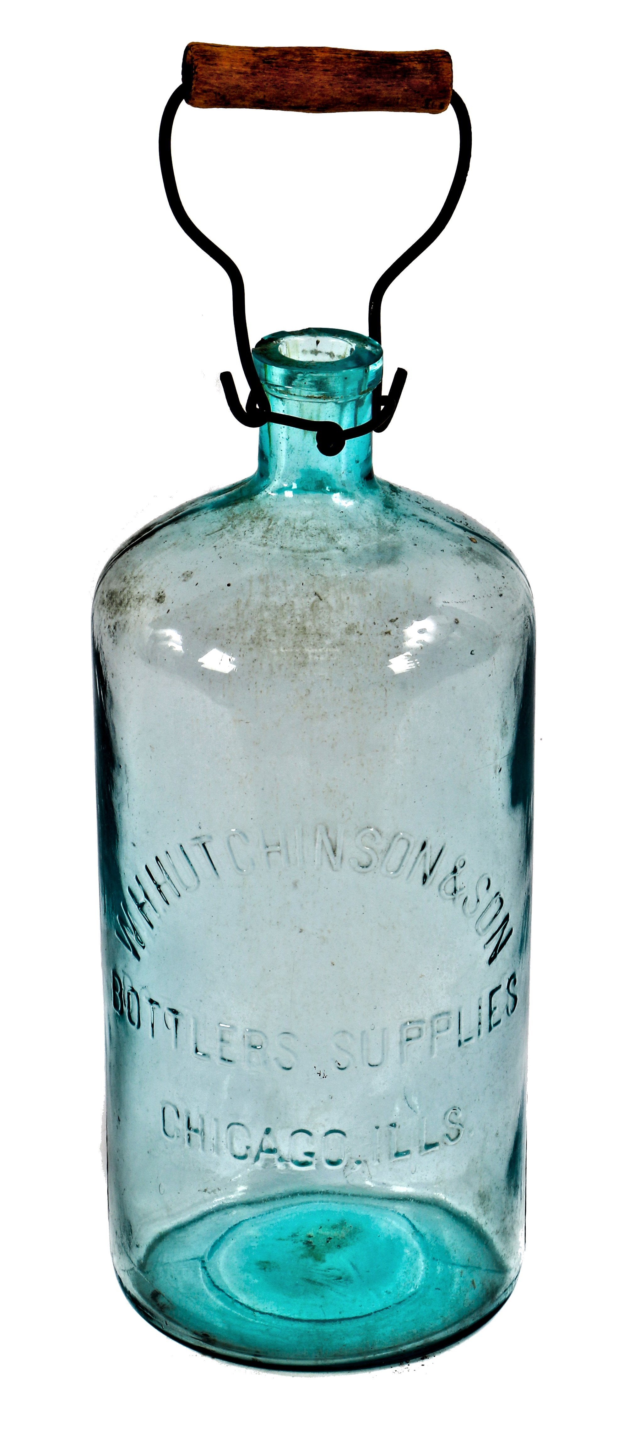 original and good condition antique american industrial late nineteenth century blue aqua glass oversized or gallon container manufactured for bottler suppliers william h. hutchinson & son.