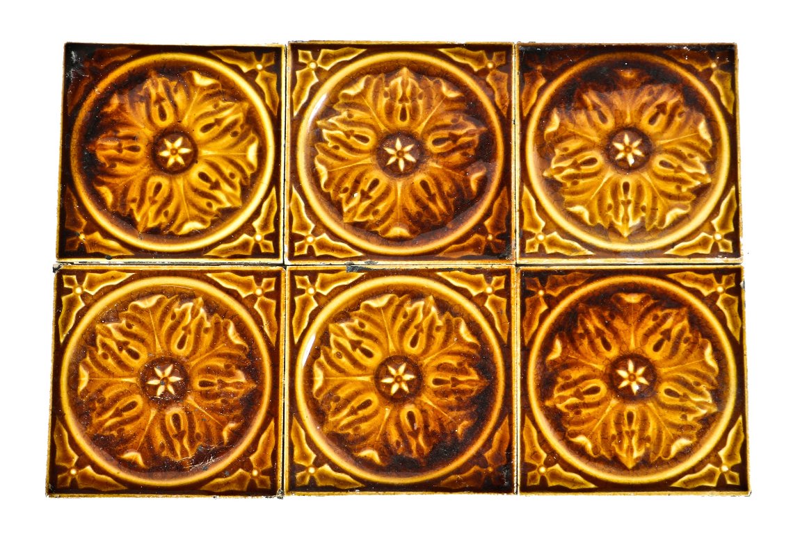 group of six matching original 19th century richly colored antique american victorian era interior residential fireplace tiles with allover crazing