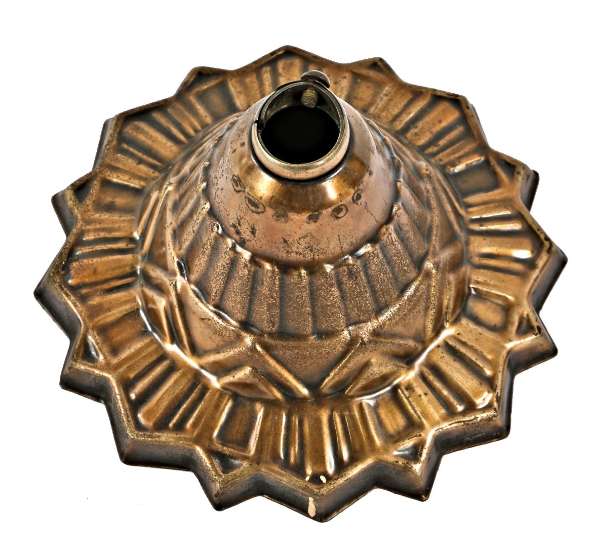 original and well-maintained c. 1930's antique american depression era art deco style stamped metal slip shade ceiling fixture canopy with intact metallic bronze finish
