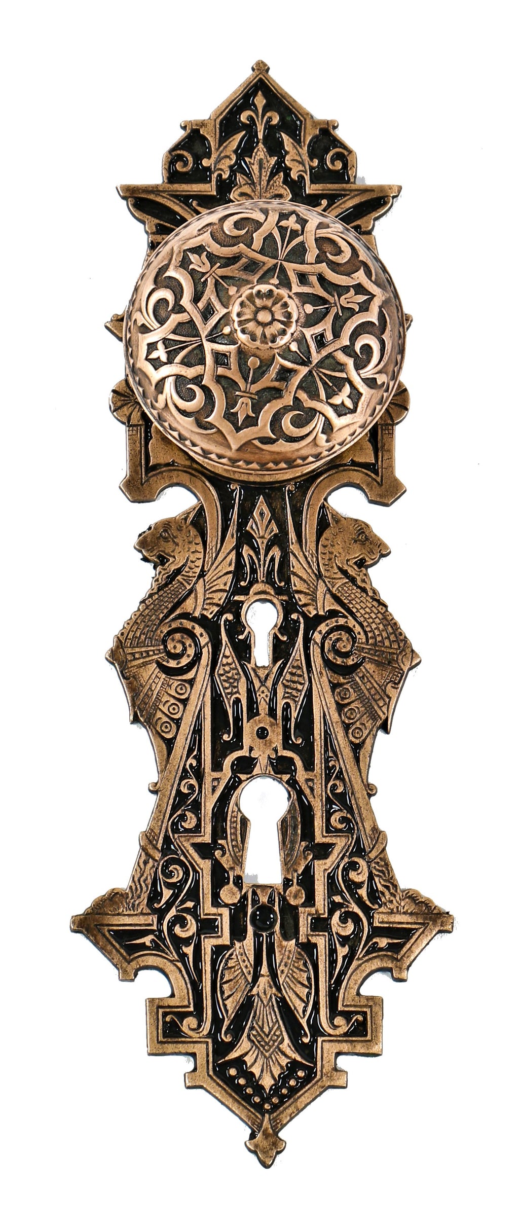 single entrance size ornamental cast bronze c. 1870's intricately designed residential entrance door handle with a banded edge and raised center