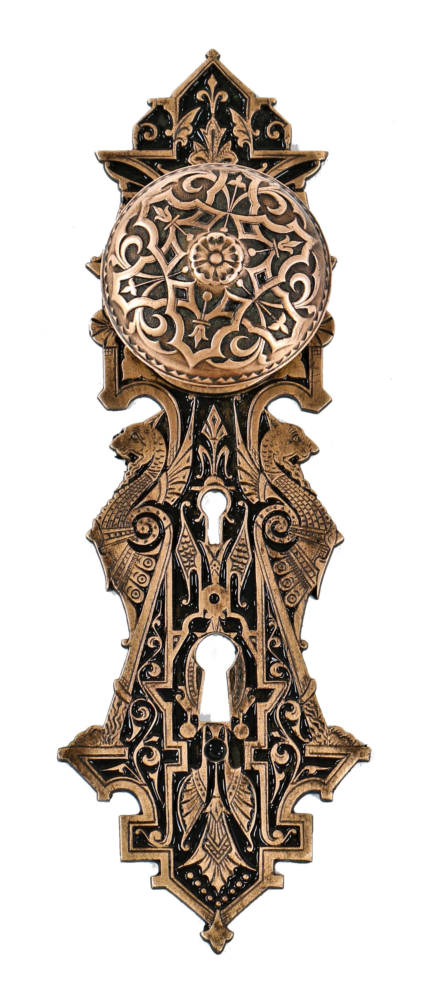 single entrance size ornamental cast bronze c. 1870's intricately designed residential entrance door handle with a banded edge and raised center